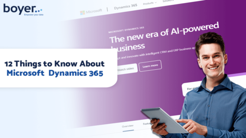 Image for Microsoft Dynamics 365 featuring a male professional holding a tablet showing 12 Things to Know About Microsoft Dynamics 365.