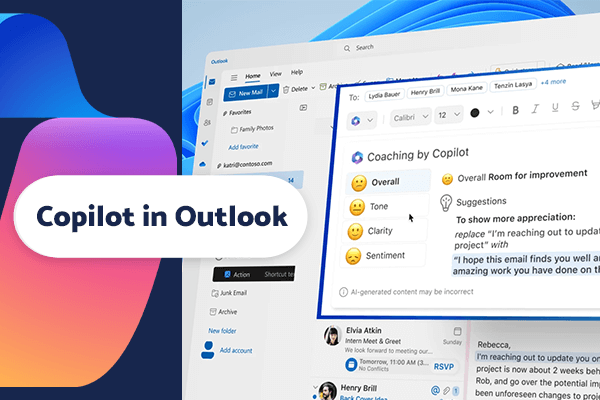 Visual display of Copilot integrated into Microsoft Outlook, offering email writing assistance and optimization