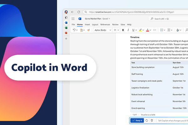 Image of Microsoft Word using Copilot to assist in document writing and editing