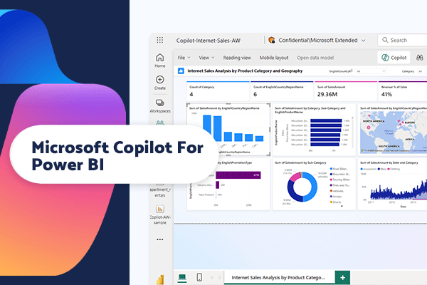 Dynamic visual of a Power BI screen filled with analytics and charts, highlighted by the Copilot interface, illustrating the integration of AI to provide insightful data analysis.