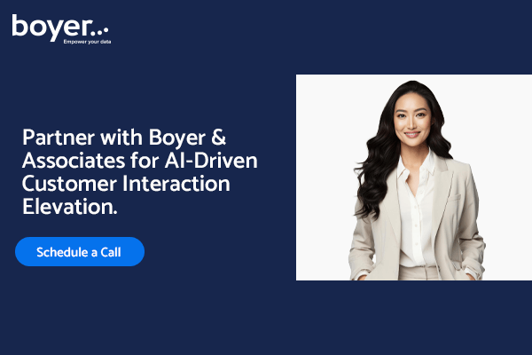 Image of a professional woman, promoting AI-driven customer interaction services by Boyer and Associates