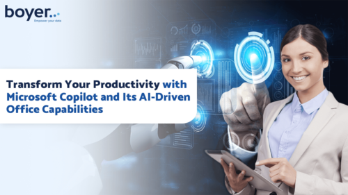 Banner featuring a businesswoman interacting with a futuristic holographic interface, highlighting Microsoft Copilot’s AI-driven capabilities for enhancing office productivity