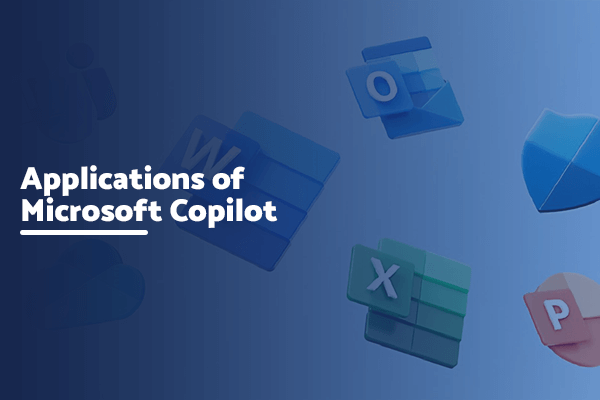Graphic showing various Microsoft Office icons floating with text 'Applications of Microsoft Copilot' on a blue background