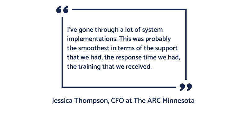 image shows customer testimonials - Jessica Thompson, CFO at the Arc Minnesota