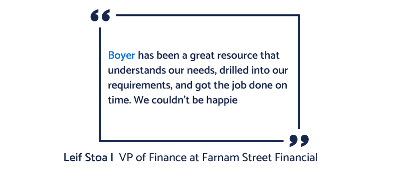 Image shows customer testimonial - Leif Stoa, VP of Finance - Farnam Street Financial