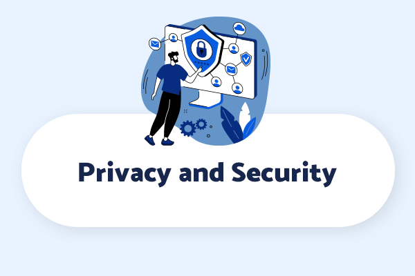 Graphic of a person standing next to a shield surrounded by privacy icons, symbolizing the privacy and security aspects of a Microsoft Copilot