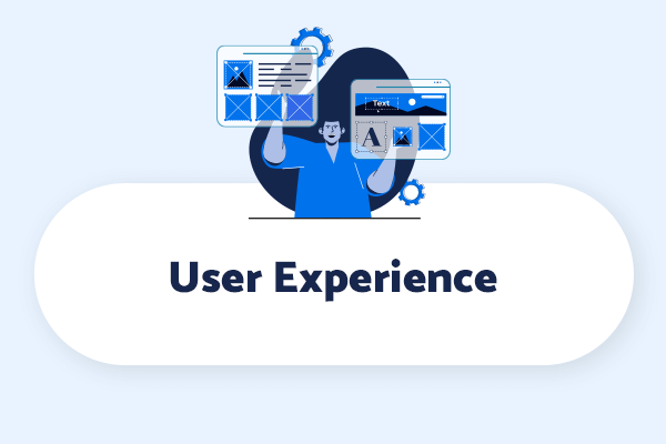 Graphic depicting a user interacting with multiple interface screens, representing user experience enhancements by software