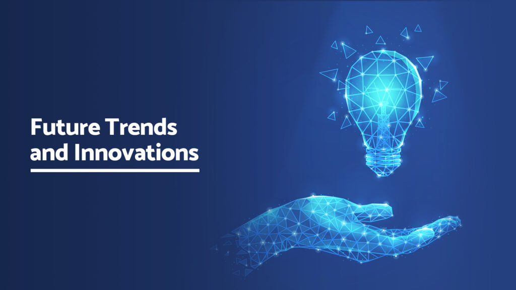 Future trends and innovations in business technology, symbolized by a glowing lightbulb and a digital hand representing forward-thinking ideas.