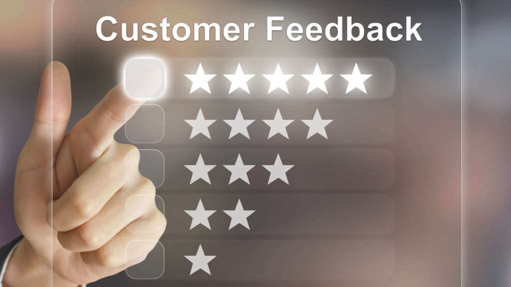 Image shows a hand choosing five stars for customer feedback powered by Microsoft Copilot for service.