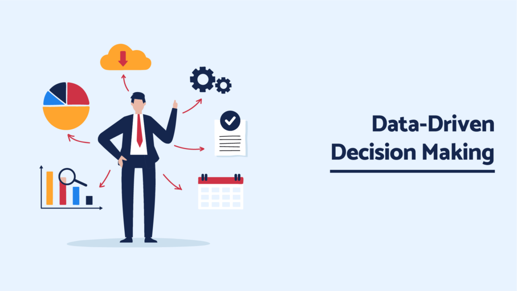 Illustration of data-driven decision-making with a businessman surrounded by data charts, calendar, cloud, and checklist icons.