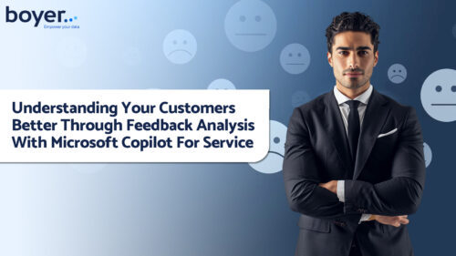 Businessman standing confidently next to a banner promoting understanding customers better through feedback analysis with Microsoft Copilot for Service.