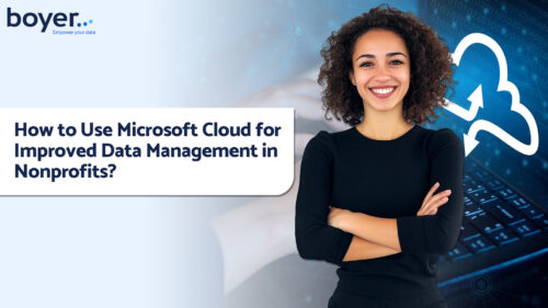 Woman with cloud icon, highlighting Microsoft Cloud benefits for nonprofits. Boyer & Associates enhances nonprofit data management.