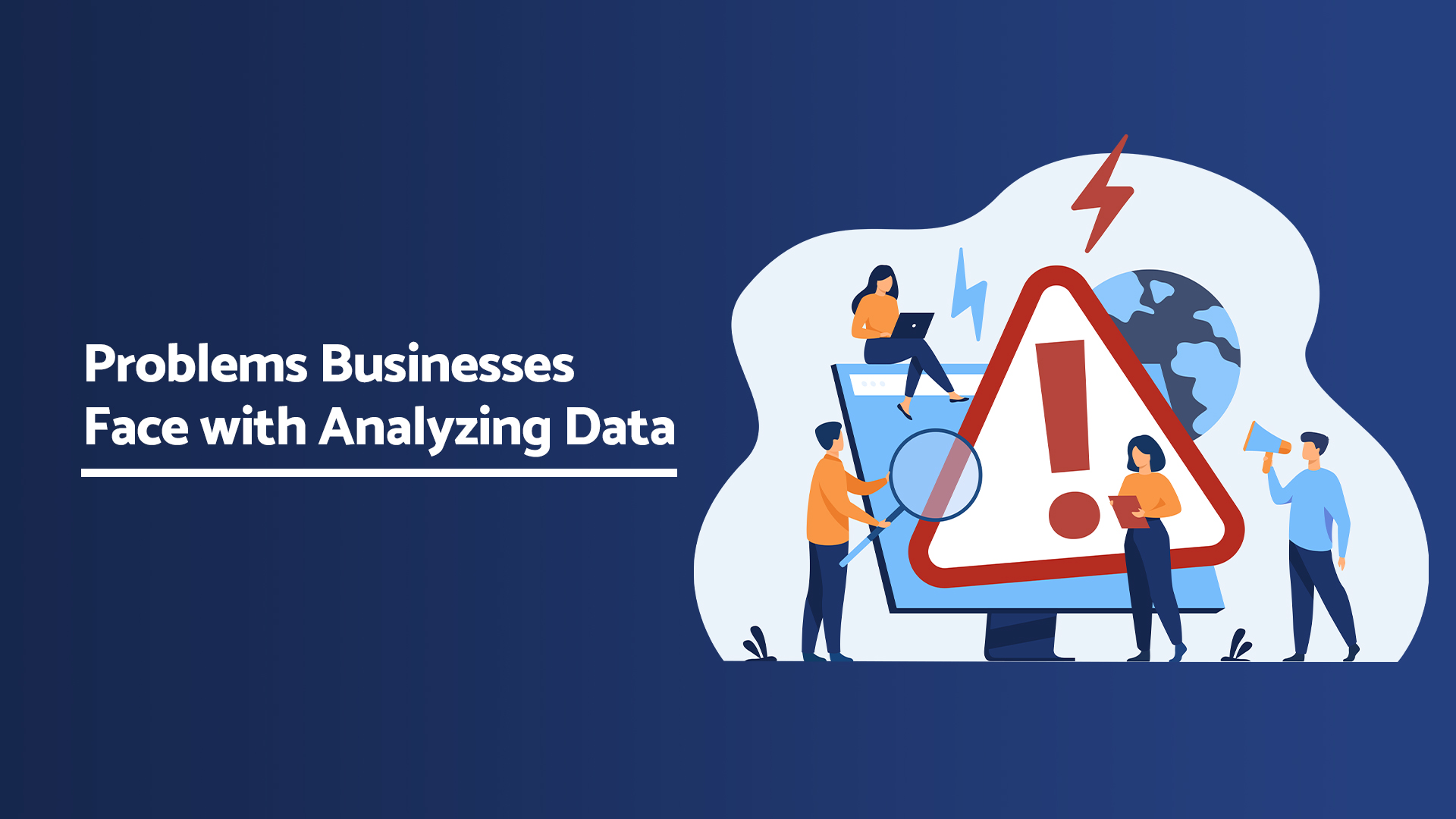 Illustration depicting common problems businesses face with data analysis, such as data silos, inaccurate insights, and inefficient processes.