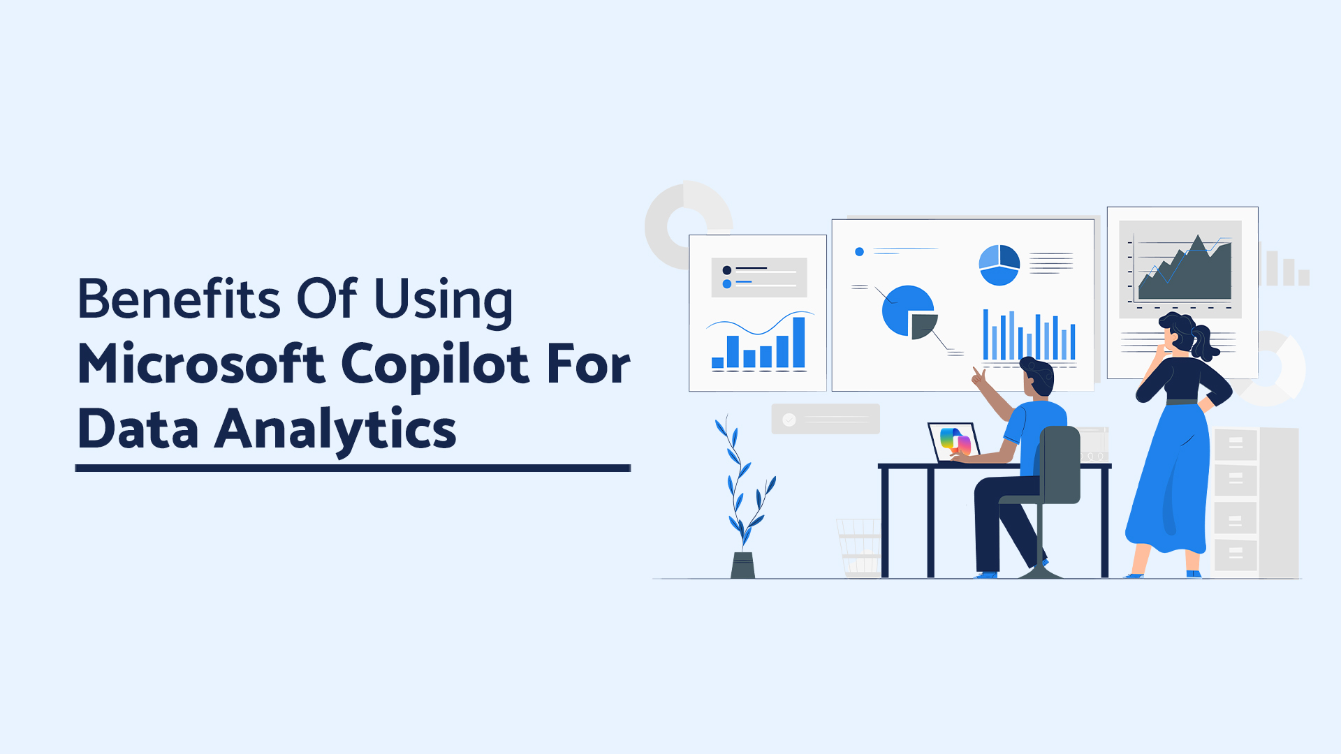 Benefits of using Microsoft Copilot for data analytics, illustrated with a team analyzing graphs.