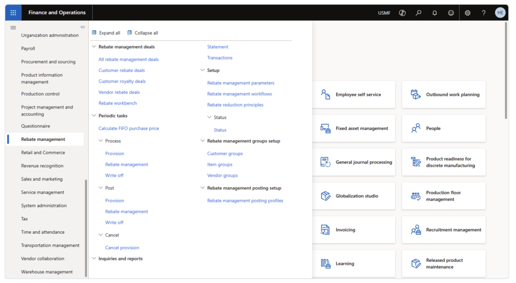 screenshot of rebate management in Dynamics 365